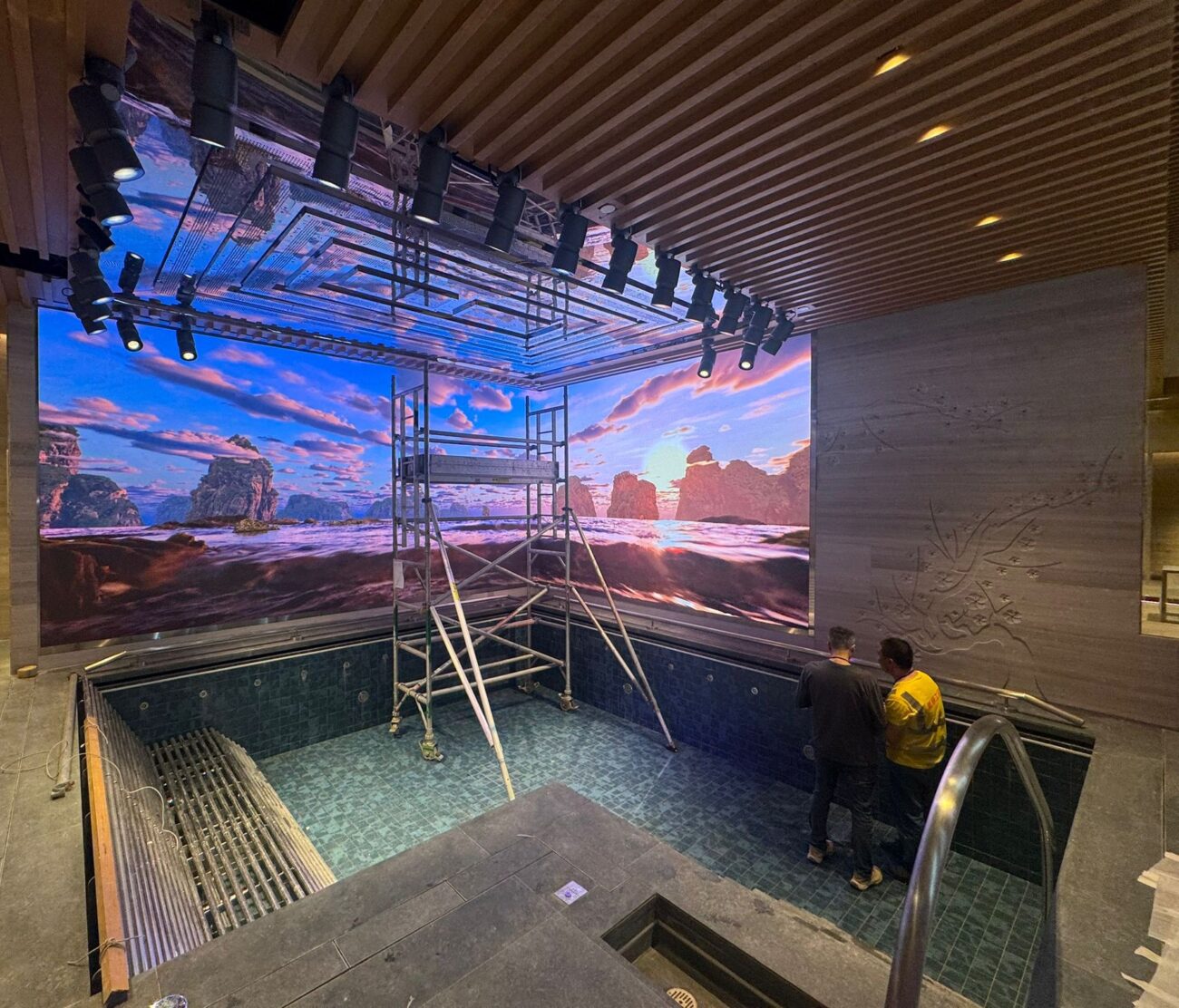 Installation and testing of digital content on LED displays at the MGM Tria Spa Experience Pool.