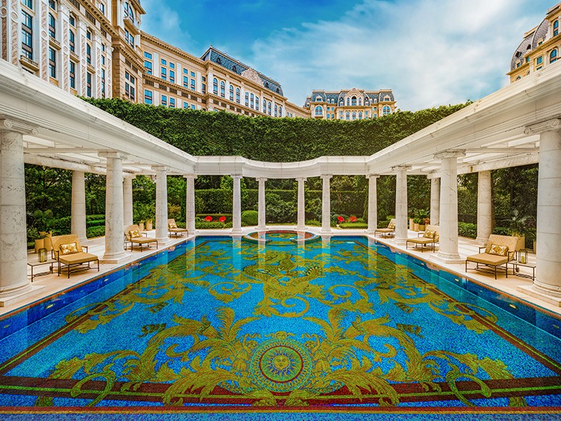 Outdoor hotel swimming pool in The Health Club at Palazzo Versace Macau Hotel in GLP Resort Macau.