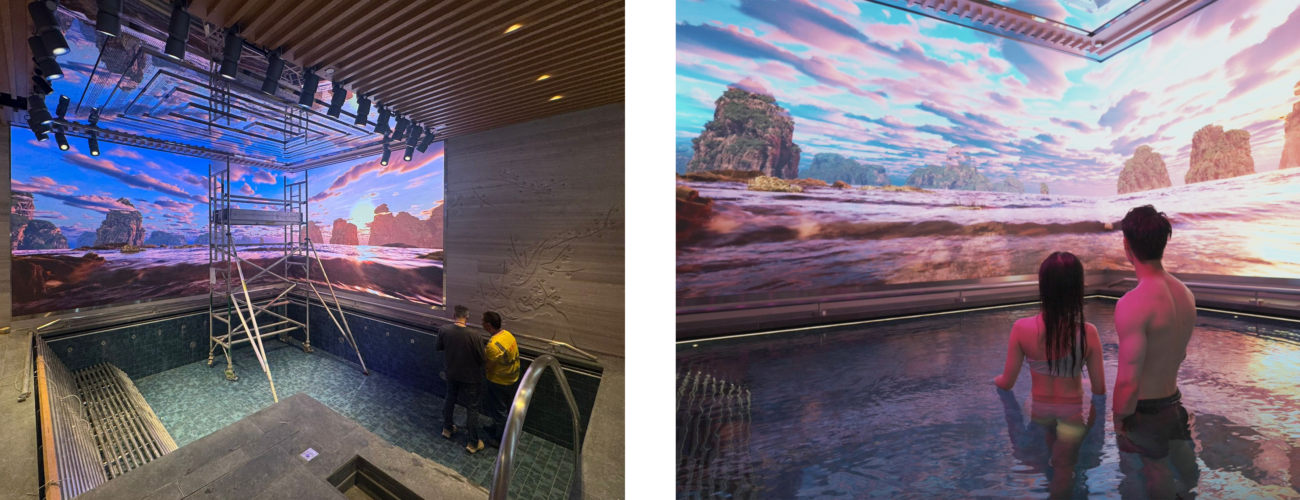 Experience Pool at MGM Macau Tria Spa displays tropical storm content by S1T2 during installation and final experience.